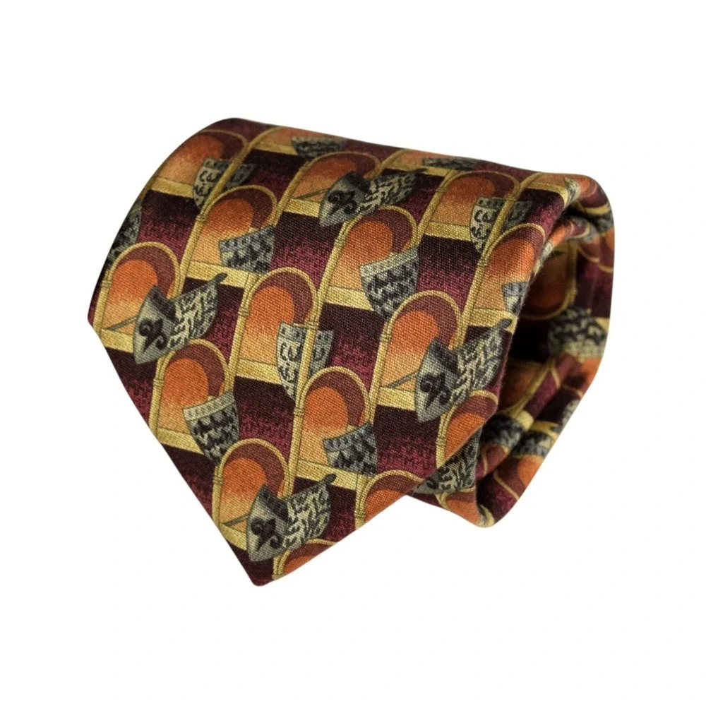 Ermenegildo Zegna Silk Tie Men's Italy Geometric Royal Crest Shield Gold Orange